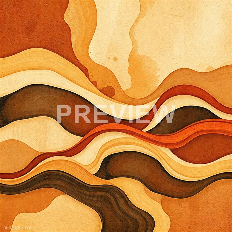 The image features an abstract watercolor painting with flowing, wavy lines and organic shapes in warm earth tones. Shades of beige, cream, brown, rust, and burnt orange blend seamlessly, creating a layered, textured appearance that resembles rolling hills or geological strata. The composition has a fluid, dynamic quality, with color gradients and splashes adding depth and movement to the artwork.